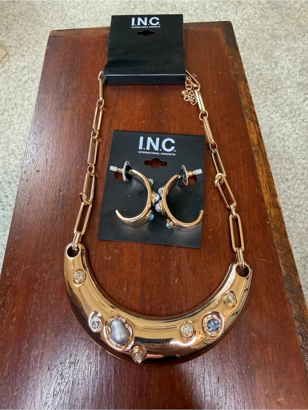 INC International Concepts Gold Crescent Necklace with Hoop Earrings